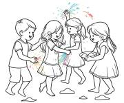 Coloriage Gar&ccedil;ons et filles jouant au couleurs &agrave; Holi