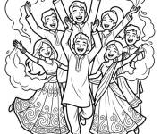 Coloriage Illustration d'une famille indienne heureuse &agrave; Holi