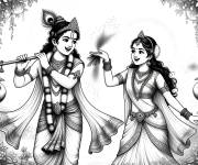 Coloriage Krishna et Radha jouant &agrave; Holi