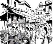 Coloriage March&eacute; vibrant des poudres et jouets de Holi
