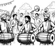 Coloriage Musiciens jouant du dhol et des instruments