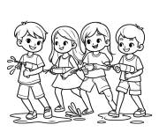 Coloriage Quatre enfants avec pistolets d'eau &agrave; Holi
