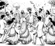 Coloriage Sc&egrave;ne de danse collective lors de la f&ecirc;te de Holi