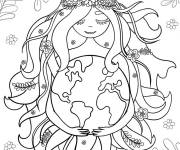 Coloriage La Terre M&egrave;re tient le monde avec des feuilles