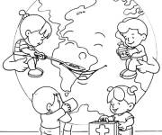 Coloriage Les petits enfants examinent la Terre
