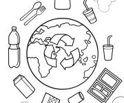 Coloriage Plan&egrave;te Terre avec logo de recyclage