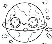 Coloriage Terre kawaii heureuse pendant sa journ&eacute;e