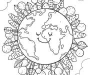 Coloriage Terre souriante entour&eacute;e d'arbres