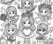 Coloriage Femmes kawaii c&eacute;l&eacute;bration 8 Mars