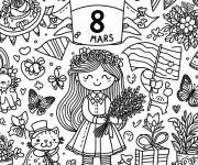 Coloriage Fille avec son chat f&ecirc;te Journ&eacute;e internationale de la femme