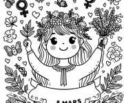 Coloriage Fille pendant la journ&eacute;e de la femme avec des motifs ps