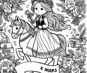 Coloriage Fille sur un cheval pendant la journ&eacute;e de la femme