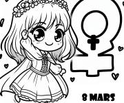 Coloriage Jolie fille kawaii f&ecirc;te la journ&eacute;e de la femme
