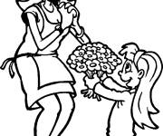 Coloriage Petite fille apporte un cadeau a m&egrave;re pour la journ&eacute;e de la femme