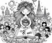 Coloriage Tous le monde fête le 8 Mars, journée des femmes