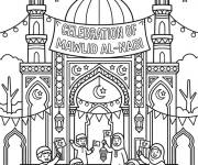 Coloriage Celebration de la Mawlid devant un mosqu&eacute;e