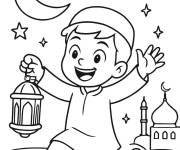 Coloriage Enfant courant avec lanterne pendant le Mawlid
