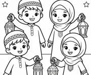 Coloriage Enfants avec des lampes la nuit de Mawlid