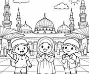 Coloriage Enfants f&ecirc;tent le Mawlid &agrave; Mecque