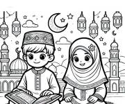 Coloriage Enfants lisant du Qu'Oran pendant le Mawlid