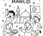 Coloriage Enfants sautent de joie pendant le Mawlid