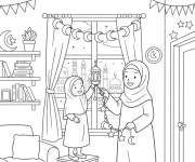 Coloriage Maman et sa fille d&eacute;corent la maison pour le Mawlid
