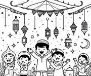Coloriage Sc&egrave;ne des enfants c&eacute;l&eacute;brant le Mawlid