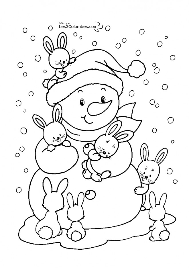 Coloriage Bonhomme De Neige Et Ses Amis Lapins Dessin