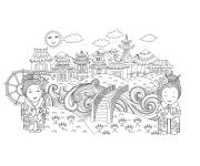 Coloriage Beau paysage en ville chinoise au nouvel an