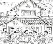 Coloriage C&eacute;l&eacute;brations du Nouvel An chinois dans le village