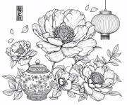 Coloriage Des roses et lanterne pour le Nouvel An chinois