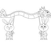 Coloriage Deux lapins de dessin anim&eacute; avec un dragon au nouvel an chinois