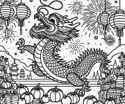 Coloriage Dragon chinois avec des citrouilles