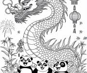 Coloriage Dragon chinois avec des panda symbole de la chine