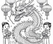 Coloriage Dragon et gar&ccedil;on et fille pour la f&ecirc;te du nouvel an chinois