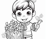 Coloriage Enfant joyeux  pendant le nouvel an chinois avec un panier de fle