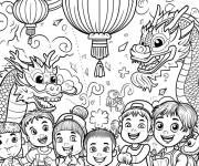 Coloriage Enfants avec fant&ocirc;mes et dragon pour le nouvel an chinois