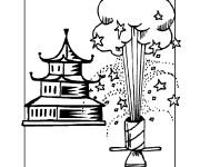 Coloriage Feu d'artifice devant temple chinois pour le nouvel an