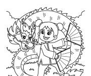 Coloriage Fille dragon et &eacute;ventails pour c&eacute;l&eacute;brer le nouvel an chinois