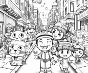 Coloriage Les enfants heureux au d&eacute;fil&eacute; du Nouvel An chinois