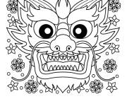 Coloriage Masque du dragon avec des fleurs pour le nouvel an chinois