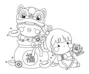 Coloriage Petite fille c&eacute;l&eacute;brant le nouvel an chinois avec un dragon