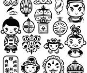Coloriage Symboles et &eacute;l&eacute;ments du Nouvel An chinois