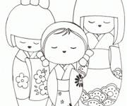 Coloriage Trois petits enfants en tenu chinois
