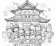 Coloriage Village chinoise pendant la f&ecirc;te du nouvel an
