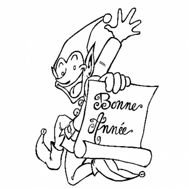 Coloriage Bonne année du lutin de Noël