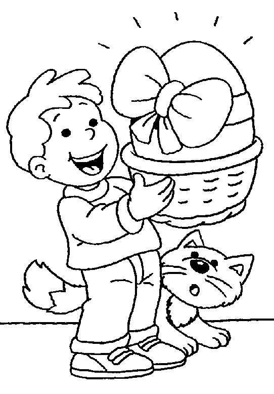 Coloriage et dessins gratuits Enfant et son Chat avec L'oeuf de Pâques à imprimer