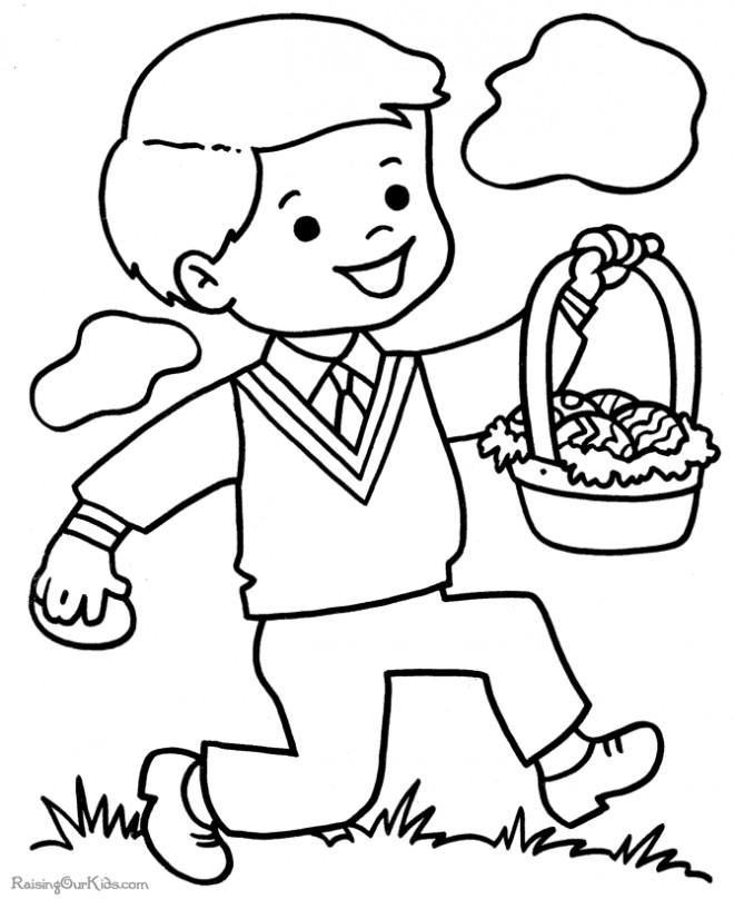 Coloriage et dessins gratuits Un Garçon porte un panier d'oeufs de Pâques à imprimer
