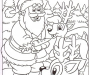 Coloriage Le père Noël nourrit ses rennes