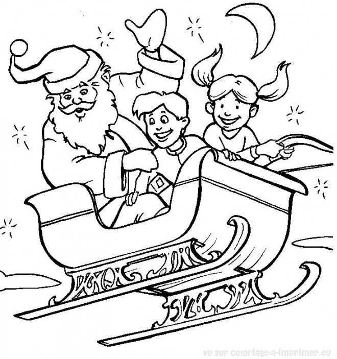 Coloriage et dessins gratuits Père Noël et les enfants sur son traîneau à imprimer